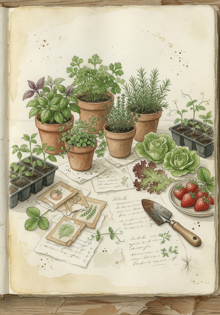 Watercolor kitchen garden with herbs, seedlings, greens, strawberries, and seed packets