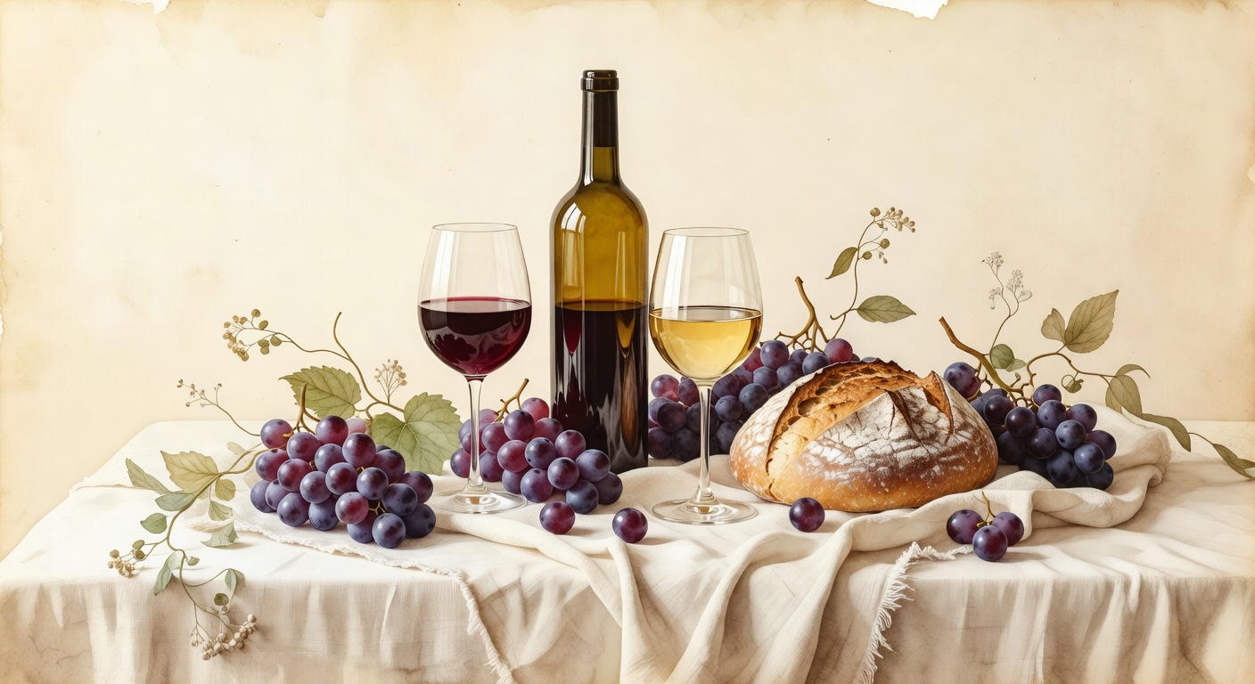 Watercolor wine bottle, glasses, grapes, and bread